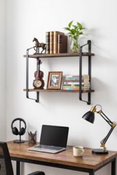 Living and Home 2 Tiers Wall Mounted Industrial Style Classic Metal Wire Tidy Wooden Decor Floating Shelf Display Rack Organizer in Walnut - thumbnail 2