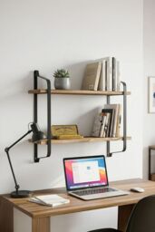 Living and Home 2 Tiers Wall Mounted Industrial Style Classic Metal Wire Tidy Wooden Decor Floating Shelf Display Rack Organizer in Walnut - thumbnail 7