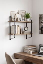 Living and Home 2 Tiers Wall Mounted Industrial Style Classic Metal Wire Tidy Wooden Decor Floating Shelf Display Rack Organizer in Walnut - thumbnail 8