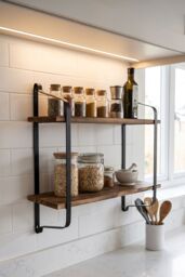Living and Home 2 Tiers Wall Mounted Industrial Style Classic Metal Wire Tidy Wooden Decor Floating Shelf Display Rack Organizer in Walnut - thumbnail 3