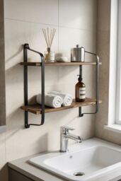 Living and Home 2 Tiers Wall Mounted Industrial Style Classic Metal Wire Tidy Wooden Decor Floating Shelf Display Rack Organizer in Walnut - thumbnail 4