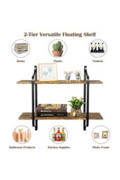 Living and Home 2 Tiers Wall Mounted Industrial Style Classic Metal Wire Tidy Wooden Decor Floating Shelf Display Rack Organizer in Walnut - thumbnail 9