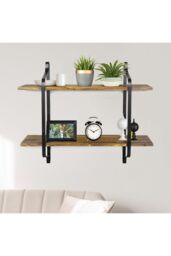 Living and Home 2 Tiers Wall Mounted Industrial Style Classic Metal Wire Tidy Wooden Decor Floating Shelf Display Rack Organizer in Black - thumbnail 5