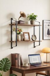 Living and Home 2 Tiers Wall Mounted Industrial Style Classic Metal Wire Tidy Wooden Decor Floating Shelf Display Rack Organizer in Walnut - thumbnail 1