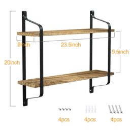 Living and Home 2 Tiers Wall Mounted Industrial Style Classic Metal Wire Tidy Wooden Decor Floating Shelf Display Rack Organizer in Black - thumbnail 6