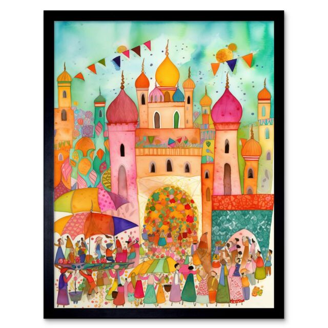 "Artery8 Wall Art Print Islam Eid Al-Fitr Feast Folk Art Watercolour Painting Art Framed in Black - Size: W12"" x H16""" - image 1
