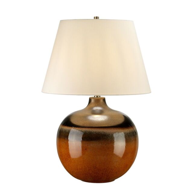 Loops Table Lamp Orange & Brown Glaze. Cream Faux Silk Shade LED E27 60W