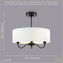 Happy Homewares Traditional Chandelier Semi Flush Ceiling Light with Linen Shade in Black - thumbnail 6