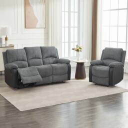 FURNITURE ONE Electric Reclining Sofa Set, Corduroy Fabric - 1+3 Sofa Set in Grey - Size: 1 Pack - thumbnail 4