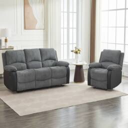 FURNITURE ONE Electric Reclining Sofa Set, Corduroy Fabric - 1+3 Sofa Set in Grey - Size: 1 Pack - thumbnail 3