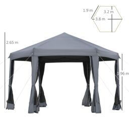 OUTSUNNY 3.2m Outdoor Pop Up Gazebo Hexagonal Canopy Tent with Mesh Sidewalls Handy Bag in Grey - thumbnail 3
