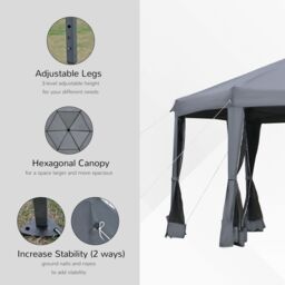 OUTSUNNY 3.2m Outdoor Pop Up Gazebo Hexagonal Canopy Tent with Mesh Sidewalls Handy Bag in Grey - thumbnail 6