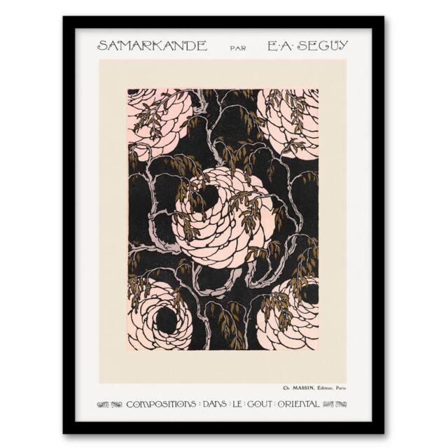 Artery8 Vintage Art Deco Flower Pattern Vintage Framed Wall Art Print Seguy in Beige - Size: A4 - image 1