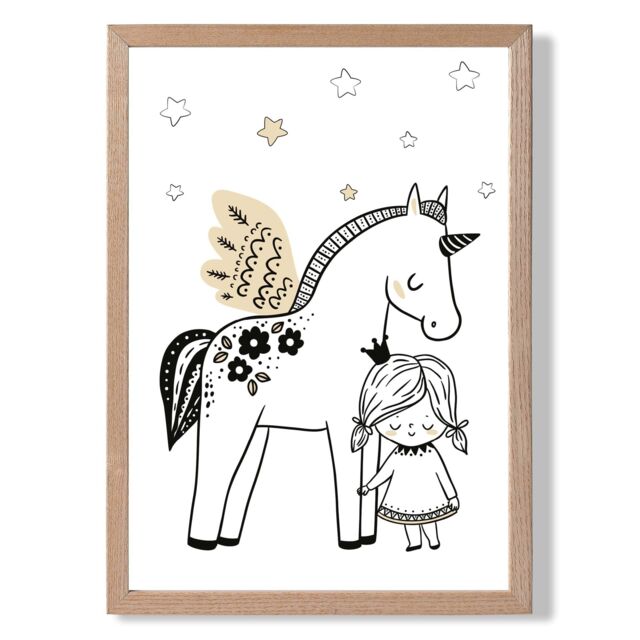 ARTZE Scandi Princess Little & Pegasus Framed Print SIZE: A2 with Oak Frame in Black - Size: A4 - image 1