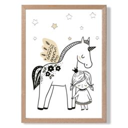 ARTZE Scandi Princess Little & Pegasus Framed Print SIZE: A2 with Oak Frame in Black - Size: A4