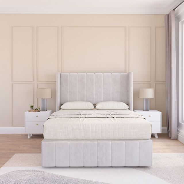 "Sloomy Melbourne Upholstered Wingback Bed Set With No Drawers & 54"" Floor standing Headboard -Plush Velvet in Silver - Size: Super King" - image 1