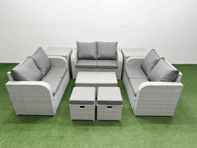 Fimous 8 Seater PE Wicker Rattan Furniture Sofa Sets with Rectangular Coffee Table 2 Seater Love Sofa 2 Stool 2 Side Table Light Grey - image 1