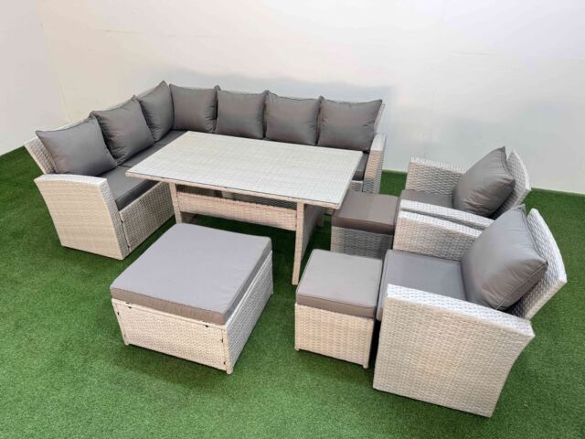 Fimous 11 Seater Rattan Garden Furniture Set Table 2 Chairs 3 Footstools in Light Grey - image 1
