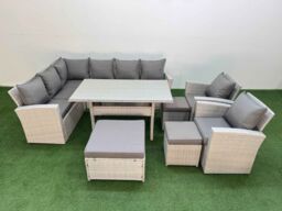 Fimous 11 Seater Rattan Garden Furniture Set Table 2 Chairs 3 Footstools in Light Grey - thumbnail 2