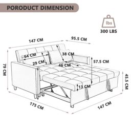 FURNITURE ONE Sofa Bed Double, Convertible 3 in 1 Pull Out Sofa Bed Max Load 300LBS in Dark Green - Size: 1 Pack - thumbnail 6