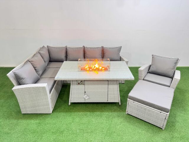 Fimous 8 Seat Rattan Garden Furniture Corner Sofa Set Outdoor Gas Fire Pit Table Sets with Big Footstool Light Grey - image 1