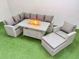Fimous 8 Seat Rattan Garden Furniture Corner Sofa Set Outdoor Gas Fire Pit Table Sets with Big Footstool Light Grey - thumbnail 2