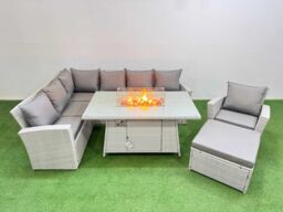 Fimous 8 Seat Rattan Garden Furniture Corner Sofa Set Outdoor Gas Fire Pit Table Sets with Big Footstool Light Grey - thumbnail 1