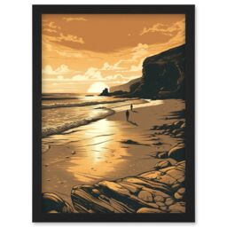 Artery8 Couple walking on the Beach at Sunset Illustration Artwork Framed Wall Art Print A4 in Black - thumbnail 1