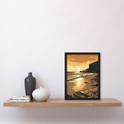 Artery8 Couple walking on the Beach at Sunset Illustration Artwork Framed Wall Art Print A4 in Black - thumbnail 2