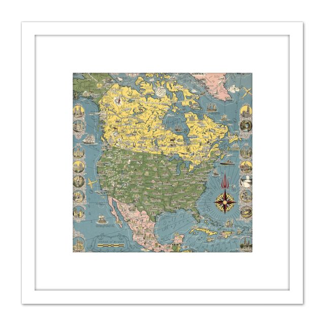 Artery8 1945 Ernest Dudley Chase Pictorial Map North America 8X8 Inch Square Wooden Framed Wall Art Print Picture with Mount in White - image 1