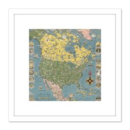 Artery8 1945 Ernest Dudley Chase Pictorial Map North America 8X8 Inch Square Wooden Framed Wall Art Print Picture with Mount in White - thumbnail 1