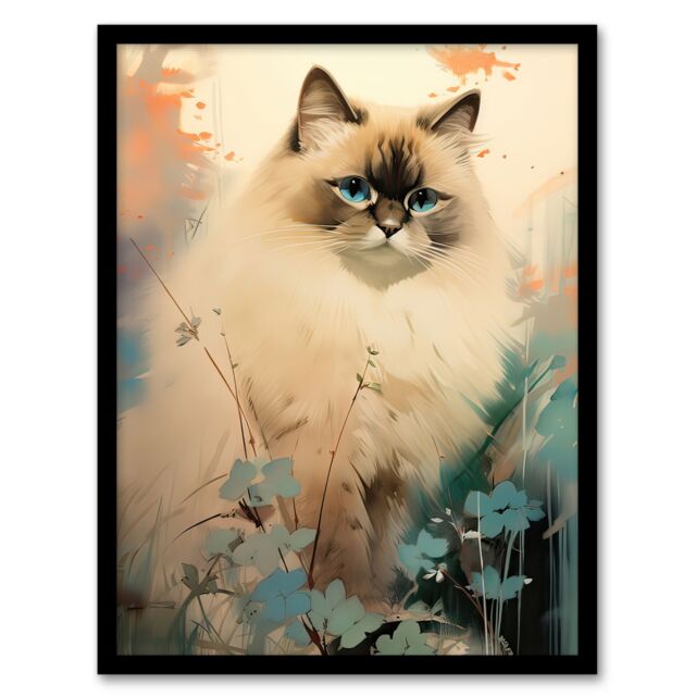 Artery8 Wall Art Print Ragdoll Cat Pastel Colour Animal Portrait Framed Picture in Beige - Size: A4 - image 1