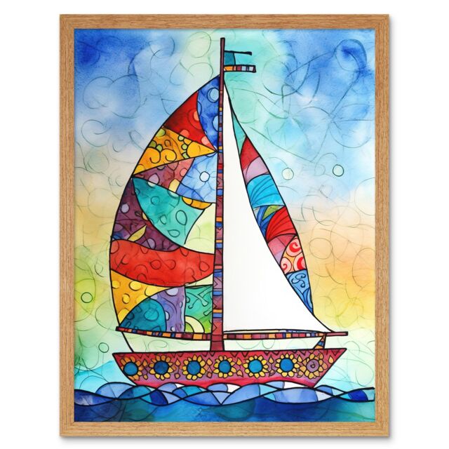 "Artery8 Wall Art Print Sailboat With Flower Pattern Folk Art Framed in Light Oak - Size: W12"" x H16""" - image 1
