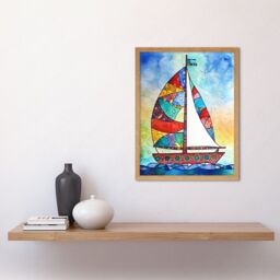 "Artery8 Wall Art Print Sailboat With Flower Pattern Folk Art Framed in Light Oak - Size: W12"" x H16""" - thumbnail 2