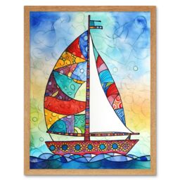 "Artery8 Wall Art Print Sailboat With Flower Pattern Folk Art Framed in Light Oak - Size: W12"" x H16""" - thumbnail 1