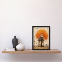 Artery8 Wall Art Print Country House Autumn Tree Oil Painting Orange Brown Bicycle on Fence Rural Life Artwork Framed A4 in Black - thumbnail 2