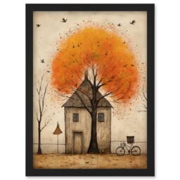 Artery8 Wall Art Print Country House Autumn Tree Oil Painting Orange Brown Bicycle on Fence Rural Life Artwork Framed A4 in Black - thumbnail 1