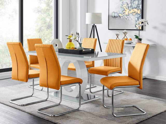 FurnitureboxUK Giovani 6-Seater Grey Glass Dining Table & 6 Lorenzo Faux Leather Dining Chairs in Mustard - image 1