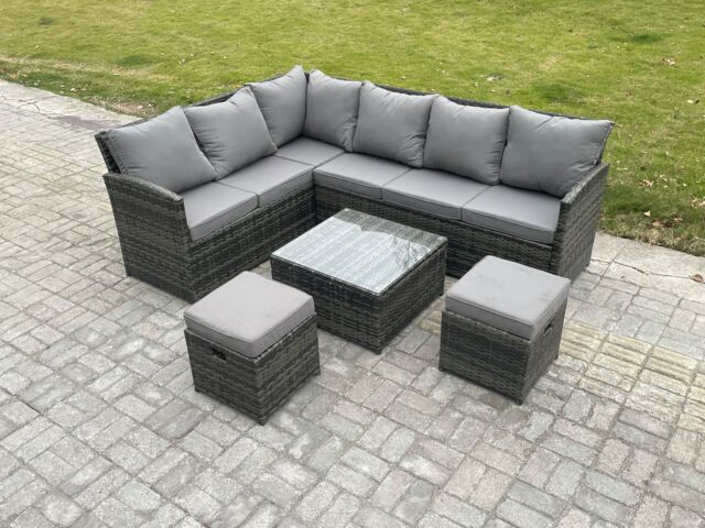 Fimous 8 Seater Outdoor Garden Furniture Set Wicker PE Rattan Corner Sofa Set with Square Coffee Table 2 Small Footstools Dark Grey Mixed - image 1