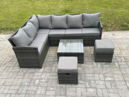 Fimous 8 Seater Outdoor Garden Furniture Set Wicker PE Rattan Corner Sofa Set with Square Coffee Table 2 Small Footstools Dark Grey Mixed - thumbnail 2