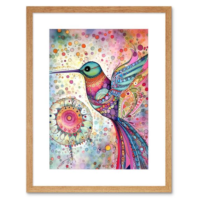 "Artery8 Wall Art Print Hummingbird With Mandala Patterns Colourful Folk Art Watercolour Painting Artwork Framed 9X7 Inch in Beige - Size: W7"" x H9""" - image 1