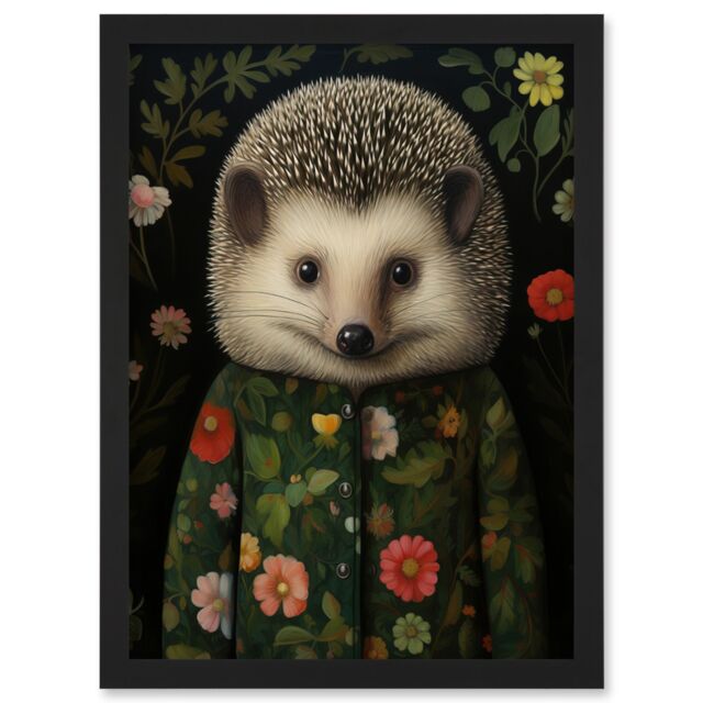 Artery8 Wall Art Print Hedgehog in Hedgerow Floral Jacket Cute Kids Bedroom Artwork Framed A4 in Black - image 1