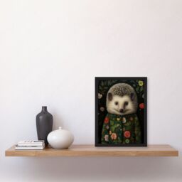 Artery8 Wall Art Print Hedgehog in Hedgerow Floral Jacket Cute Kids Bedroom Artwork Framed A4 in Black - thumbnail 2
