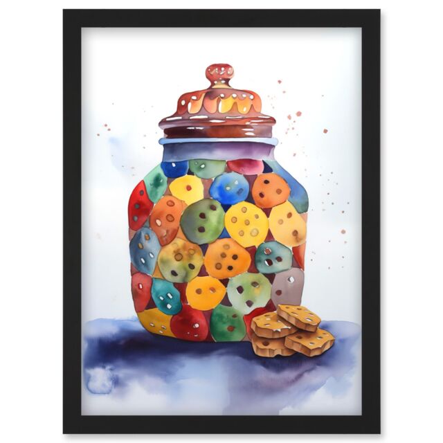 Artery8 Cookie Jar Folk Art Watercolour Painting Artwork Framed Wall Art Print A4 in Black - image 1