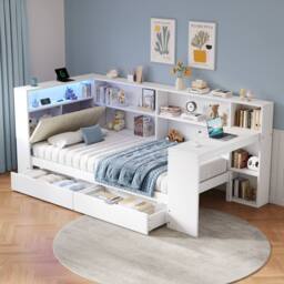 Merax 3ft Single Corner Cabin Bed with Desk, LED & Charging Station in White - thumbnail 2