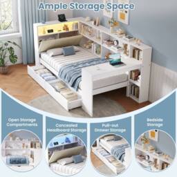 Merax 3ft Single Corner Cabin Bed with Desk, LED & Charging Station in White - thumbnail 7