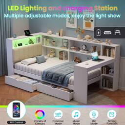 Merax 3ft Single Corner Cabin Bed with Desk, LED & Charging Station in White - thumbnail 9