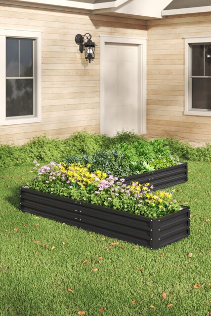 Living and Home L-Shaped Galvanized Steel Raised Garden Bed Charcoal Black - image 1