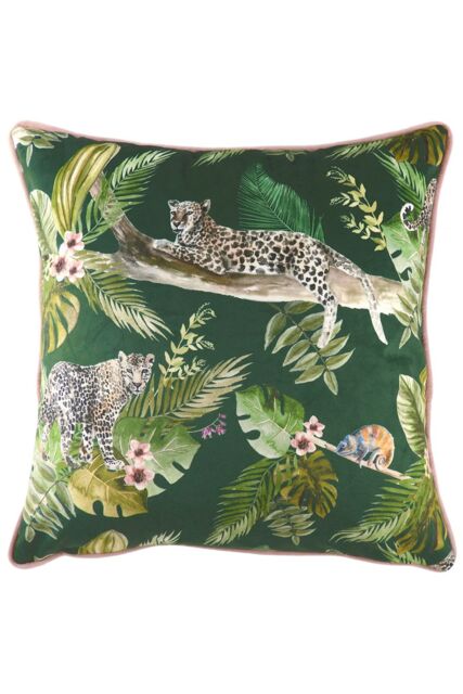 Evans Lichfield Jungle Leopard Velvet Piped Cushion in Green - Size: 43 cm x 43 cm - image 1