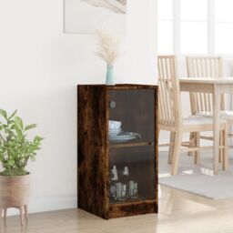 Berkfield Home Side Cabinet with Glass Doors Smoked Oak 35x37x75.5 cm in Brown - thumbnail 3